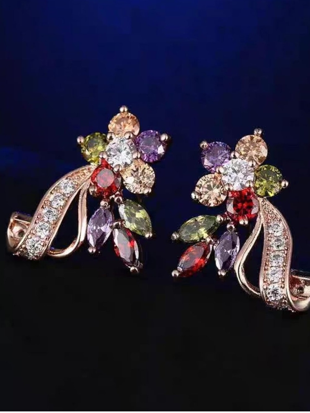 Multicolor Floral Rose Gold Earrings - Elegant Women Jewelry - Picture 2 of 6